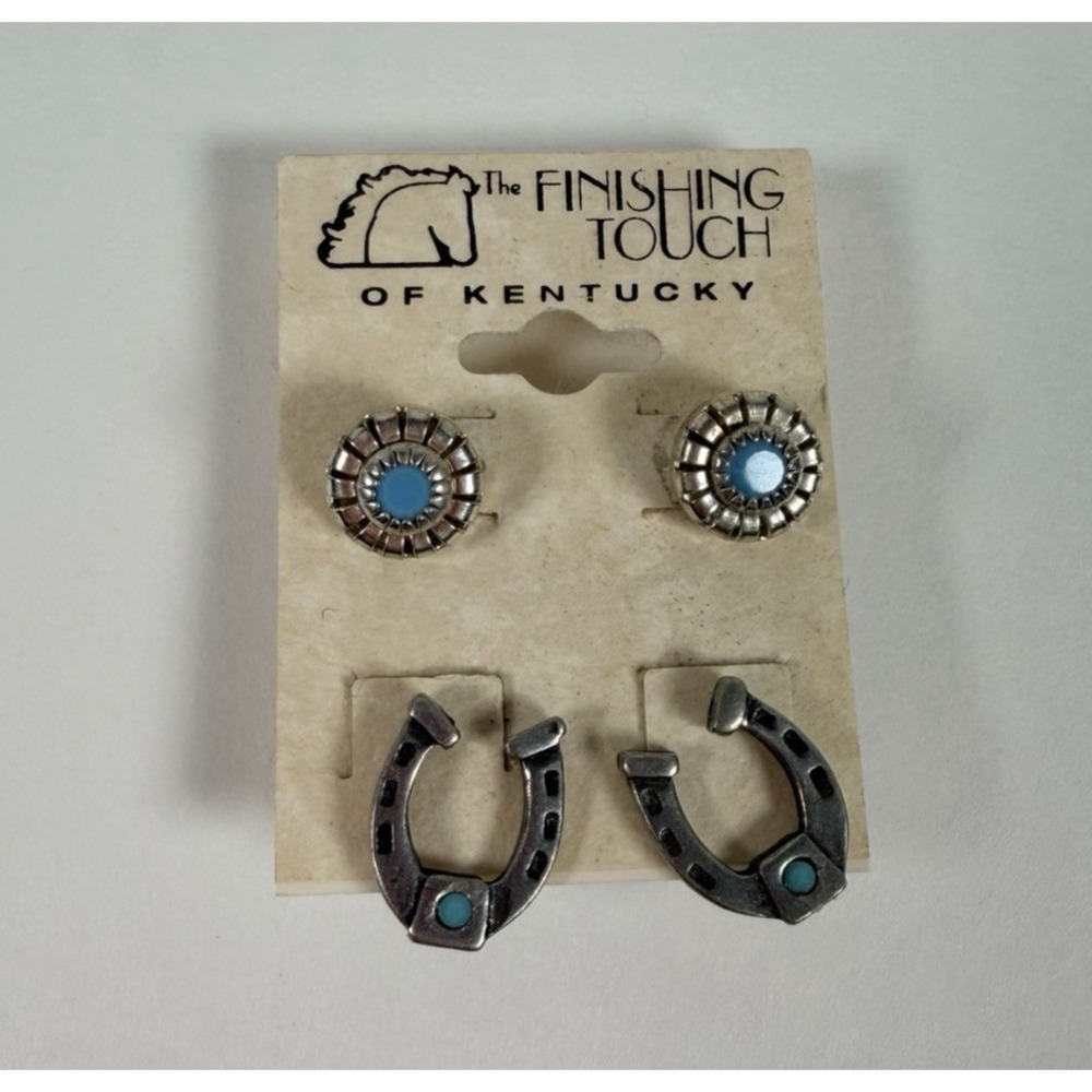 Silver Tone and Turquoise Horseshoe & Stud Earring Set